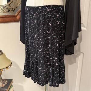 VTG Y2K Susan Lawrence Black & Pink Whimsy Floral Slinky Pleated Midi Skirt L/M